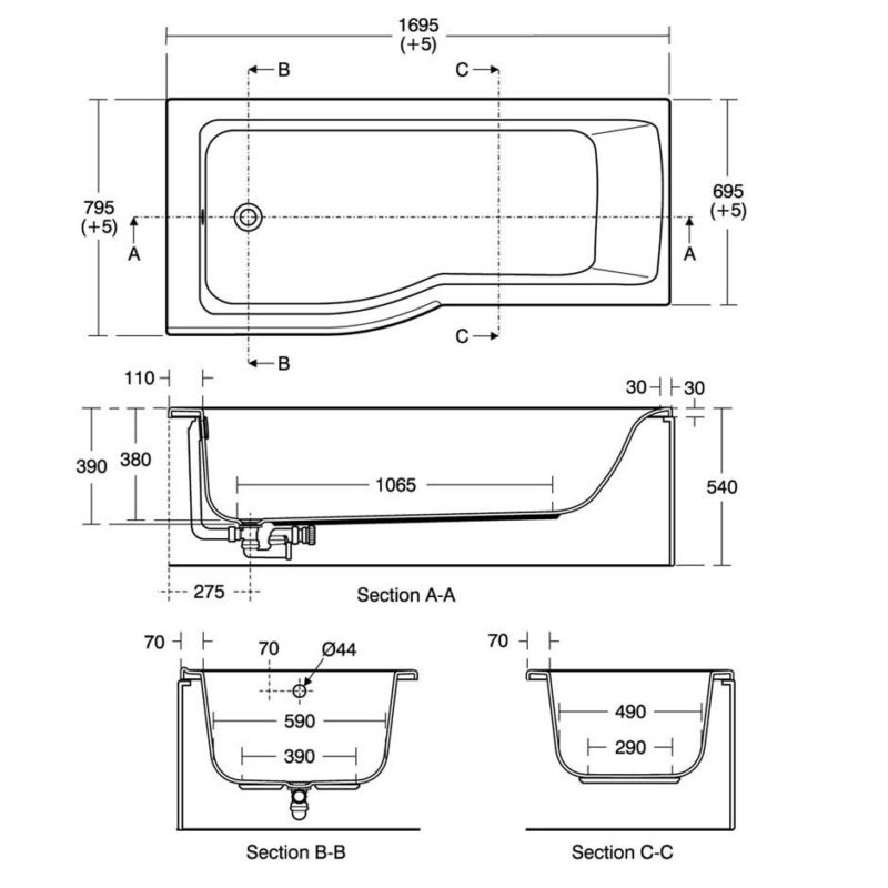 Ideal Standard Connect Air 170x80cm Idealform Shower Bath, No Taphole, Left