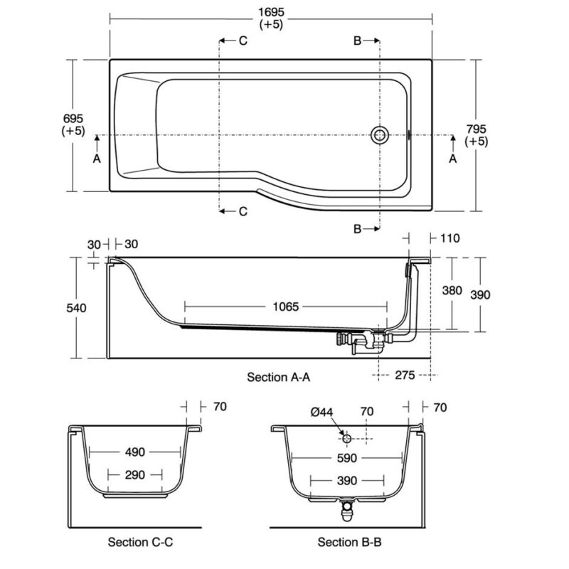 Ideal Standard Connect Air 170x80cm Idealform Shower Bath, No Taphole, Right
