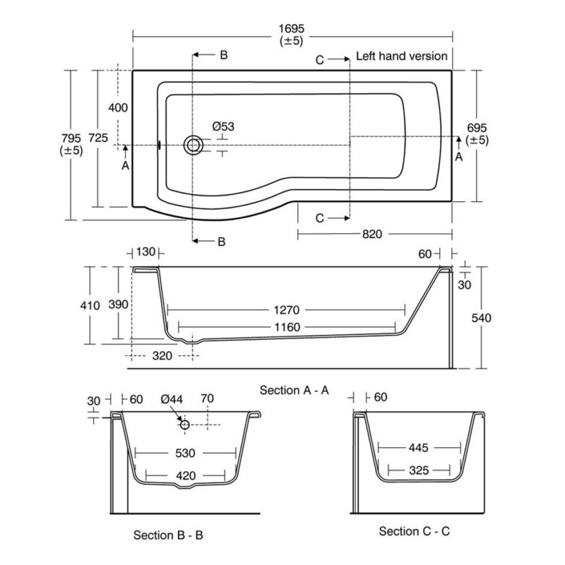 Ideal Standard Tempo Arc 170x80cm Shower Bath Left Hand with Front & End Panel