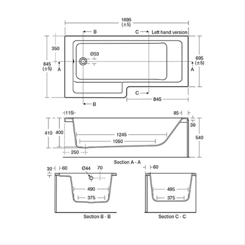 Ideal Standard Tempo Cube Square 170x85cm Shower Bath Right with Front & End Panel