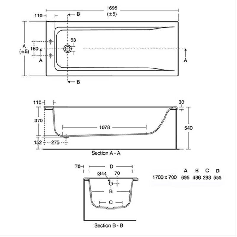 Ideal Standard Concept 1700x700mm 2 Taphole Bath with Front & End Panel