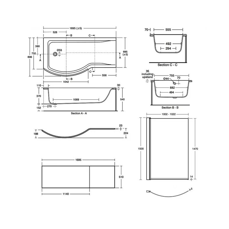 Ideal Standard Concept 170x70/90cm Shower Bath Left Hand E7316