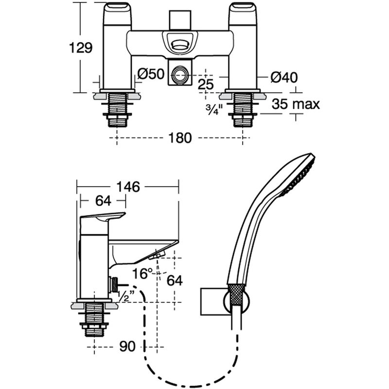 Ideal Standard Tesi 2 Hole Dual Control Bath Shower Mixer A6591