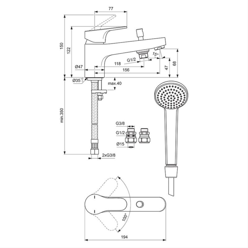 Ideal Standard Cerabase One Hole Bath Shower Mixer with Shower Set