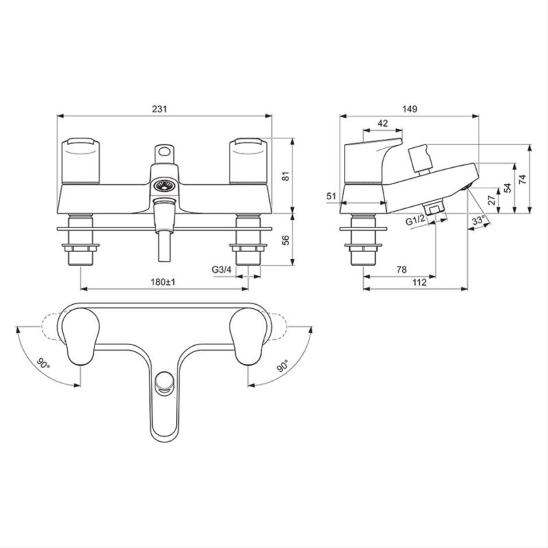 Ideal Standard Cerabase Dual Control Bath Shower Mixer with Shower Set