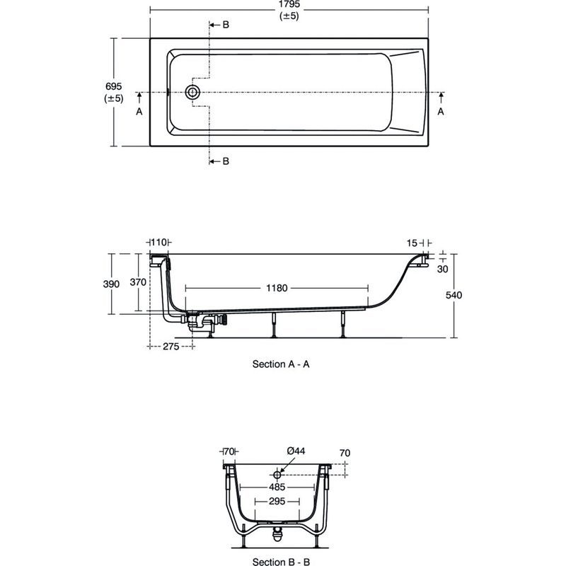 Ideal Standard Concept 180x70cm Rectangular Bath No Tapholes E1521