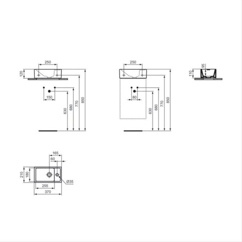 Ideal Standard i.life S 37cm Guest Basin 1 Taphole Right E2112