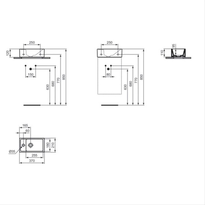 Ideal Standard i.life S 37cm Guest Basin 1 Taphole Left E2113