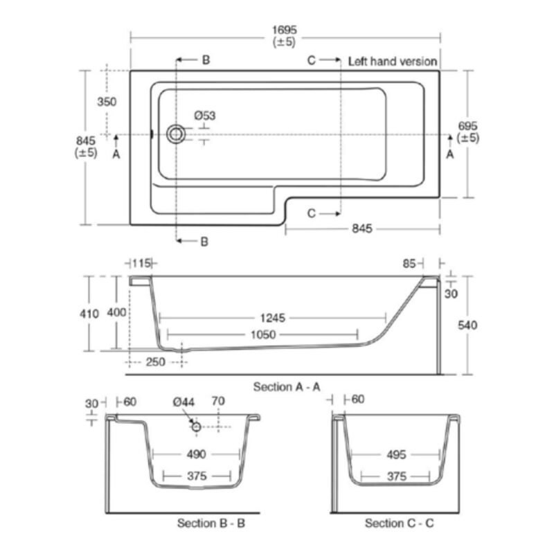 Ideal Standard Tempo Cube L-Shaped 1700 x 850mm Left Shower Bath, Panel & Screen