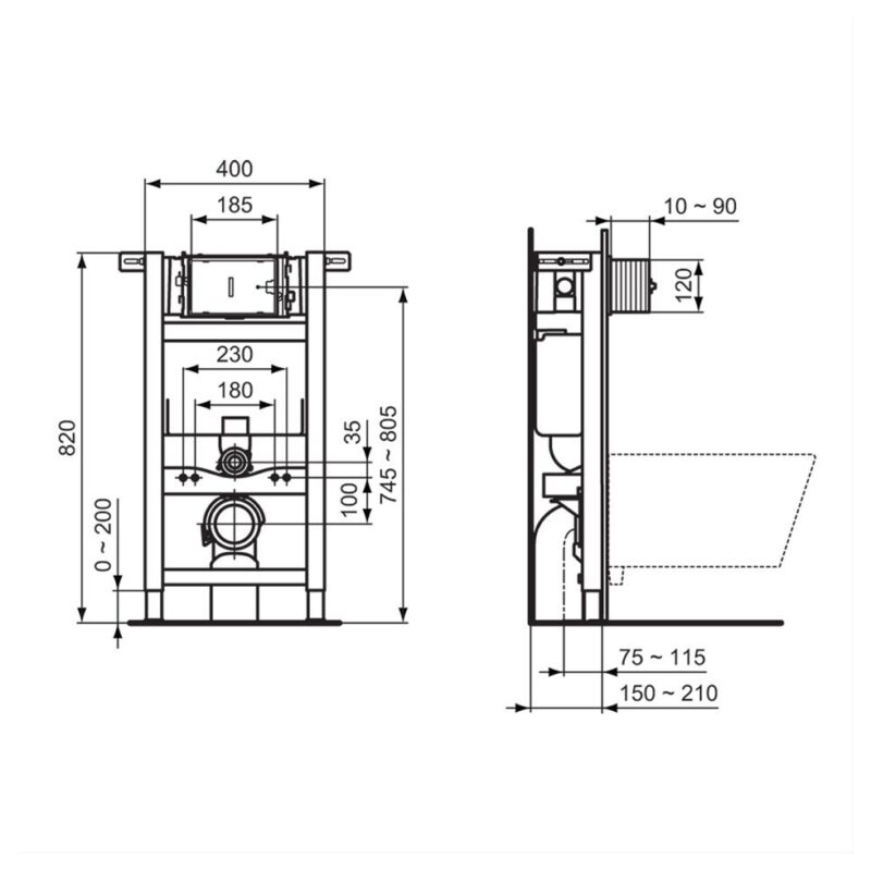 Ideal Standard Prosys 820mm Height Pneumatic Wall Hung WC Frame