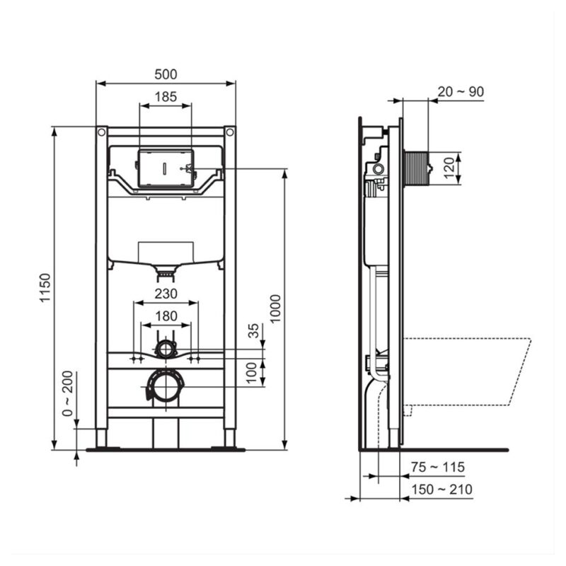 Ideal Standard Prosys 1150mm Height Pneumatic Wall Hung WC Frame