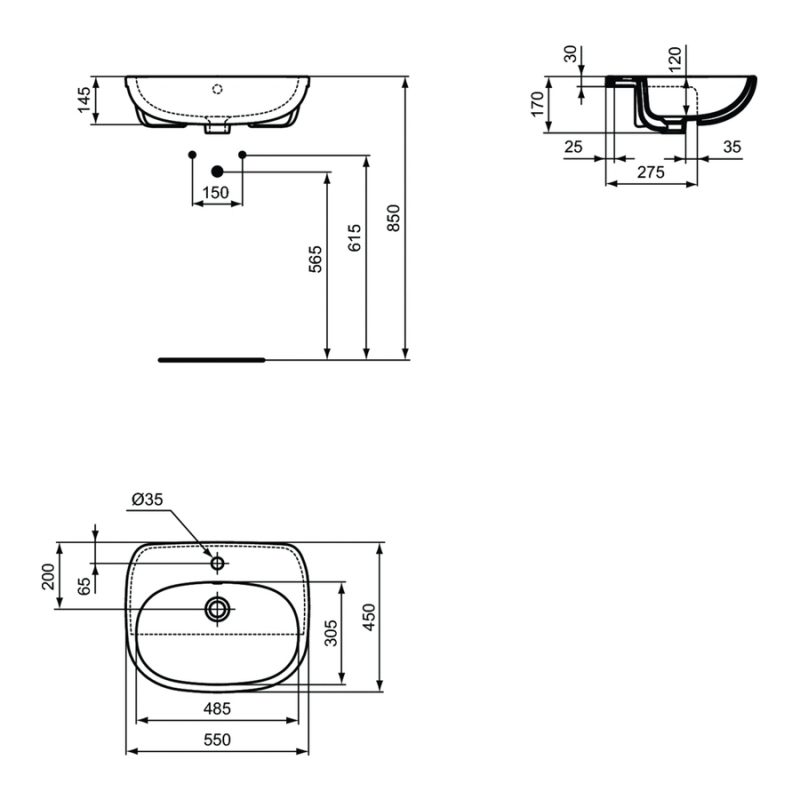 Ideal Standard Tesi 55cm Semi-Countertop Basin 1 Hole T3526