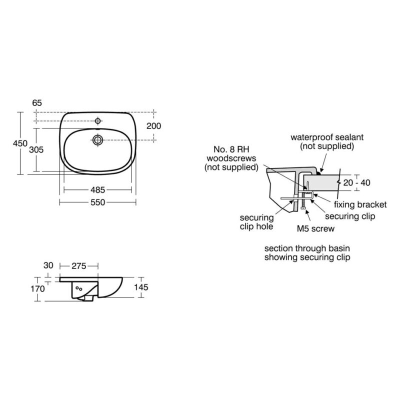 Ideal Standard Tesi 55cm Semi-Countertop Basin 1 Hole T3526