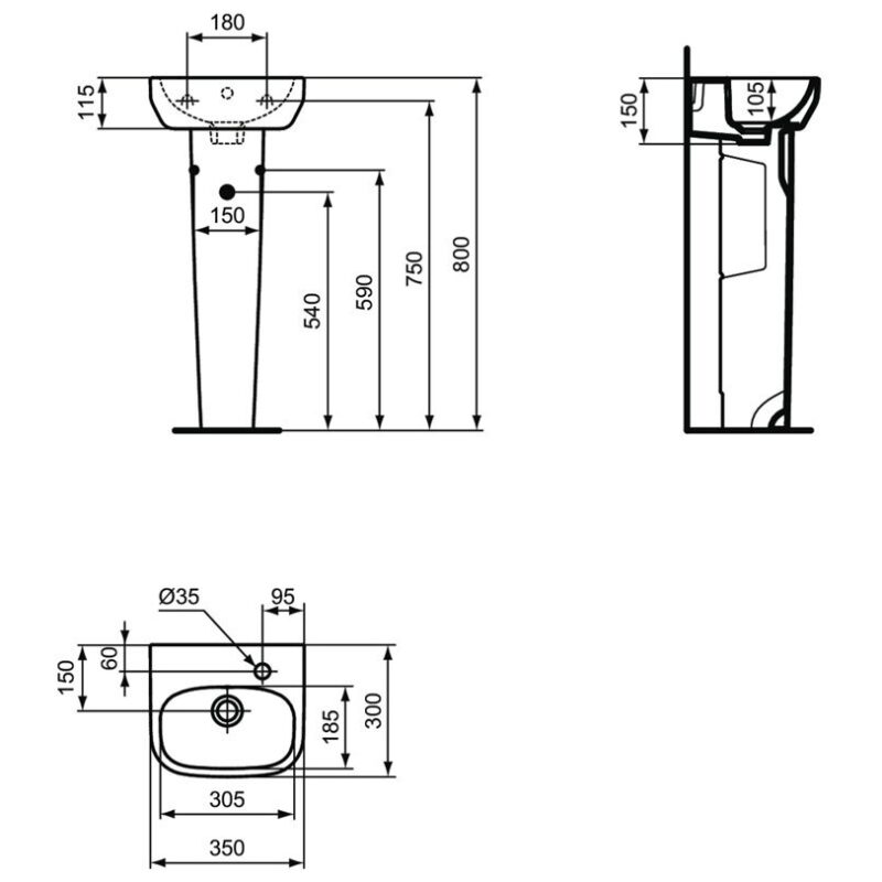 Ideal Standard i.Life A 350mm 1 Right Taphole Basin & Full Pedestal