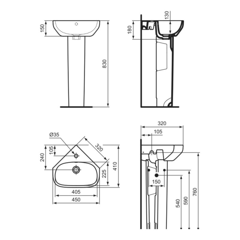 Ideal Standard i.Life A 400mm 1 Tap Hole Corner Handrinse Basin & Full Pedestal