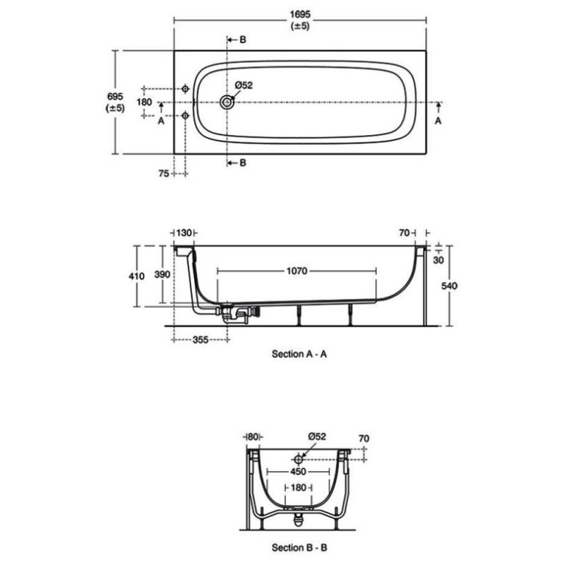 Ideal Standard i.Life Single Ended Bath 1700x700mm 2 Tap Holes T4775