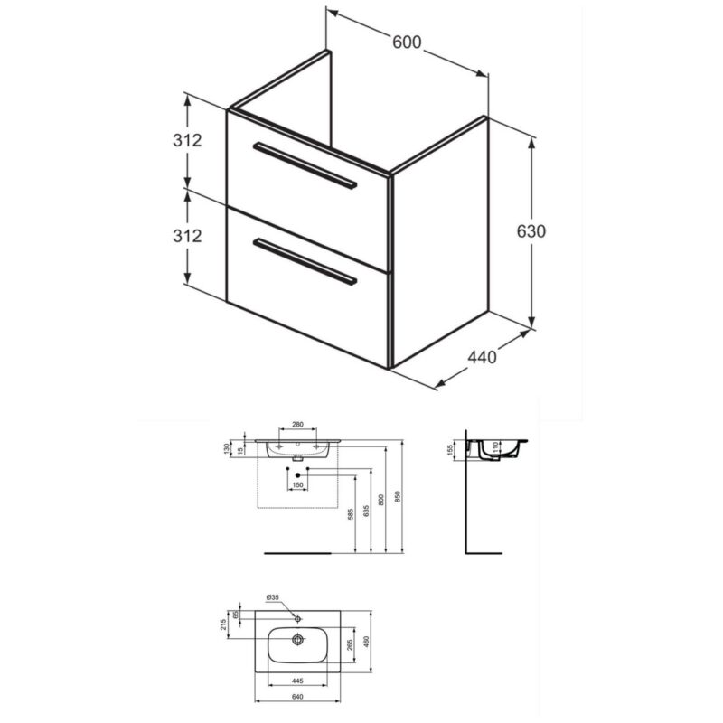 Ideal Standard i.Life A 640mm Matt Grey Wall Unit & Basin