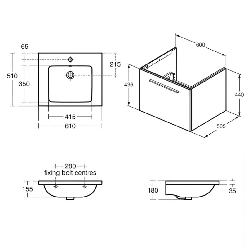 Ideal Standard i.Life B 600mm 1 Drawer Wall Unit & Basin Matt White