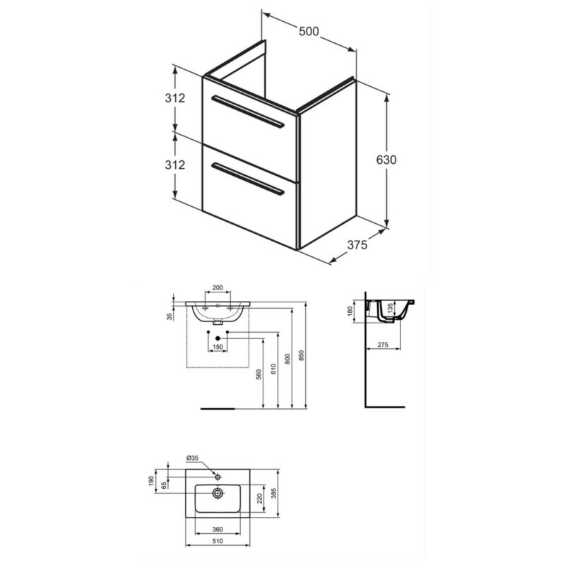 Ideal Standard i.Life S 500mm 2 Drawer Matt Grey Wall Unit & Basin