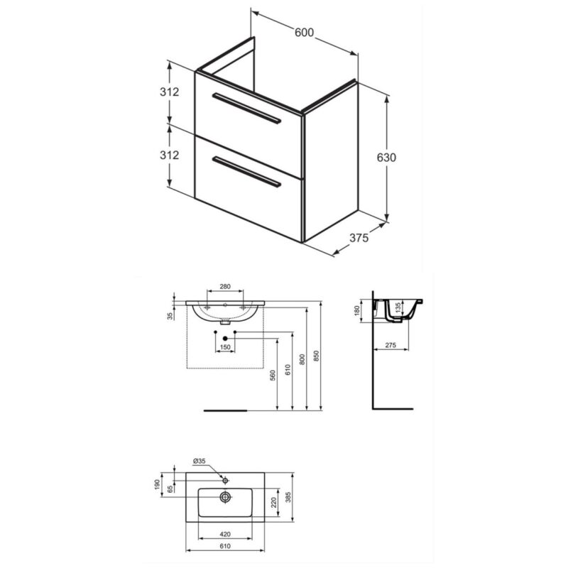Ideal Standard i.Life S 600mm 2 Drawer Matt White Wall Unit & Basin