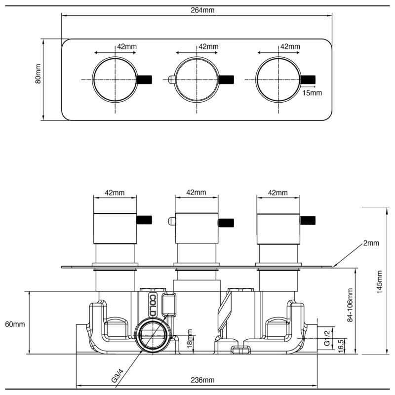 Imex Ravine Brushed Brass 3-Handle 2-Outlet Concealed Shower Valve