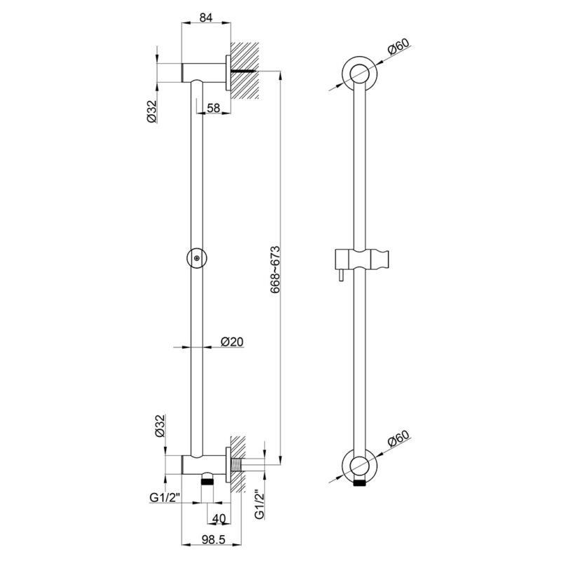 Imex Round Slide Rail with Integrated Wall Outlet Elbow Chrome