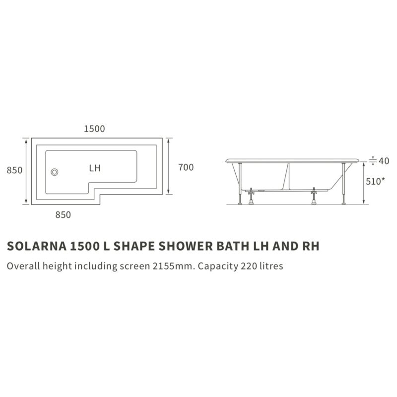 Iona Solarna L Shape 1500x700 LH Shower Bath