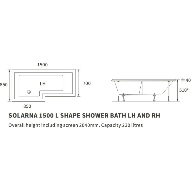 Iona Solarna L Shape 1500x700mm LH Shower Bath Pack