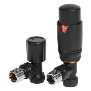 Iona Round Thermostatic Black Radiator Valves Angled
