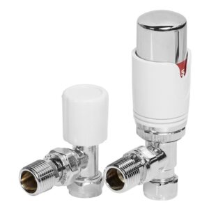 Iona Round Thermostatic White Radiator Valves Angled