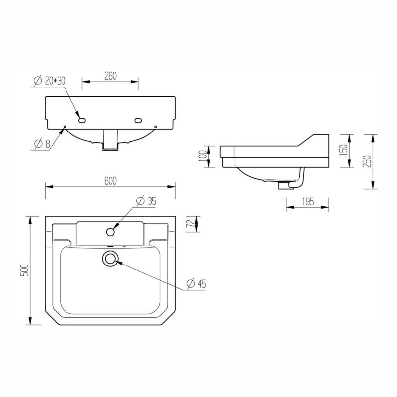 Iona Julian 600mm 1 Taphole Basin & Pedestal