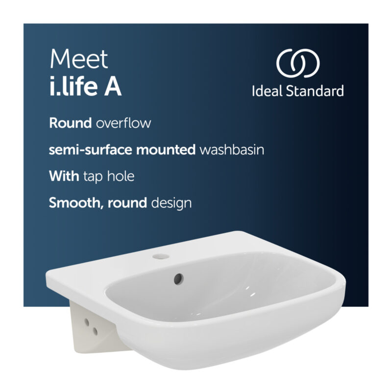 Ideal Standard i.life A 50cm Semi-Countertop Basin 1 Taphole E2467