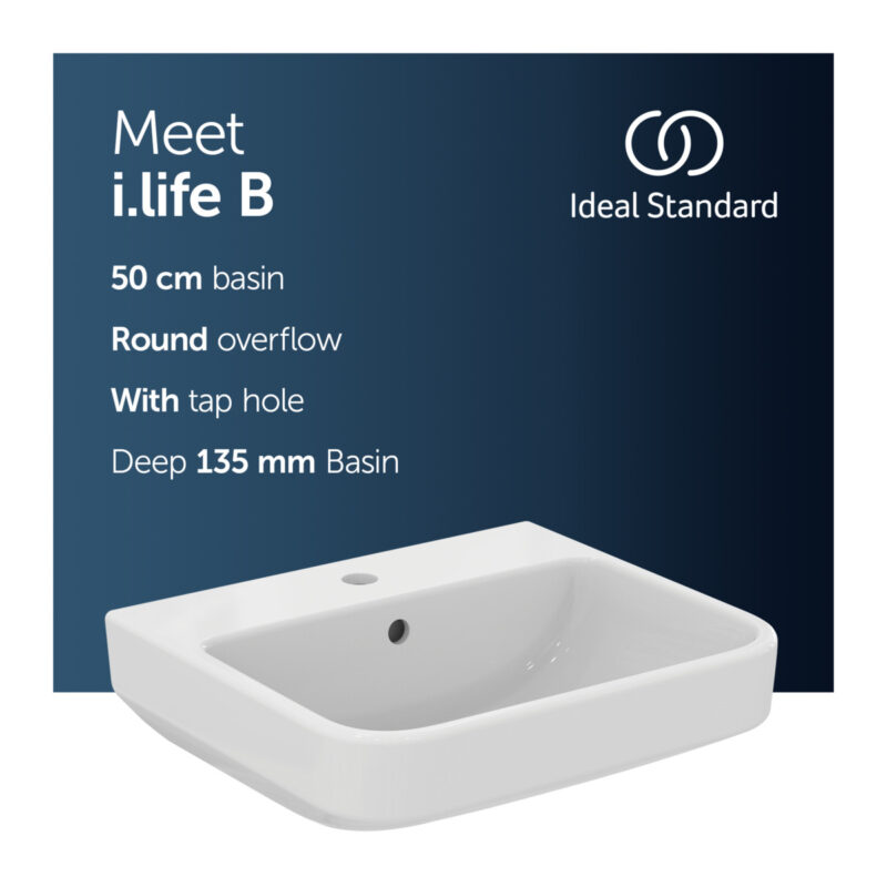 Ideal Standard i.Life B 50cm Washbasin, 1 Taphole
