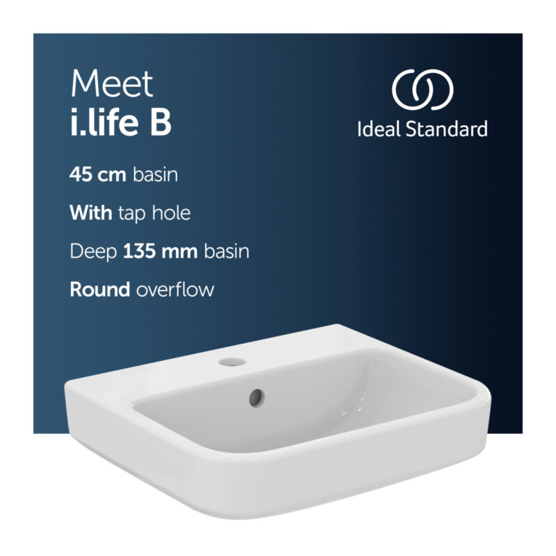 Ideal Standard i.life B 45cm Handrinse Basin 1 Taphole E2602