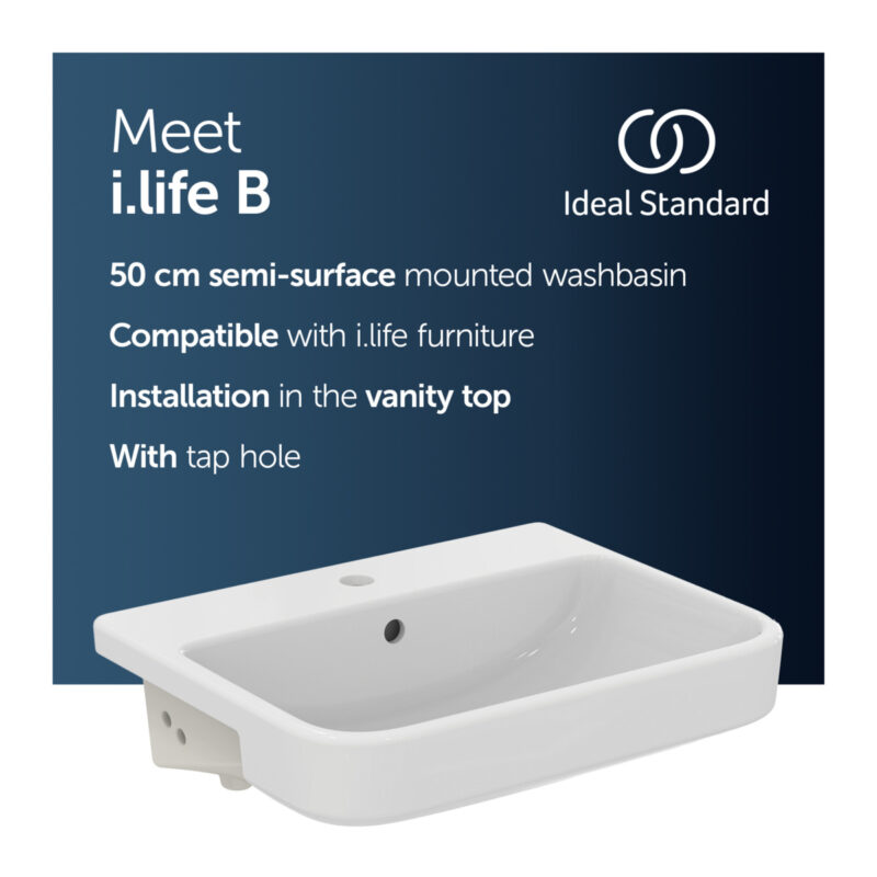Ideal Standard i.life B 55cm Semi-Countertop Basin 1 Taphole E2604