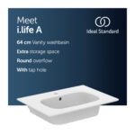 Ideal Standard i.Life A Vanity Washbasin 640mm 1 Tap Hole T4619