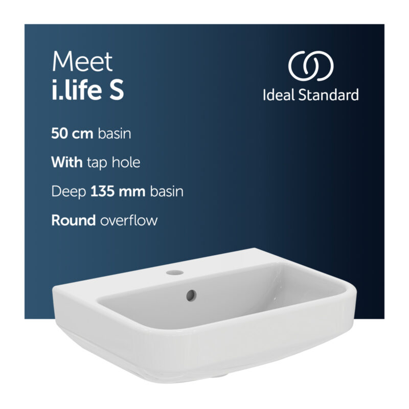 Ideal Standard i.Life S Compact Washbasin 500mm 1 Tap Hole T5185