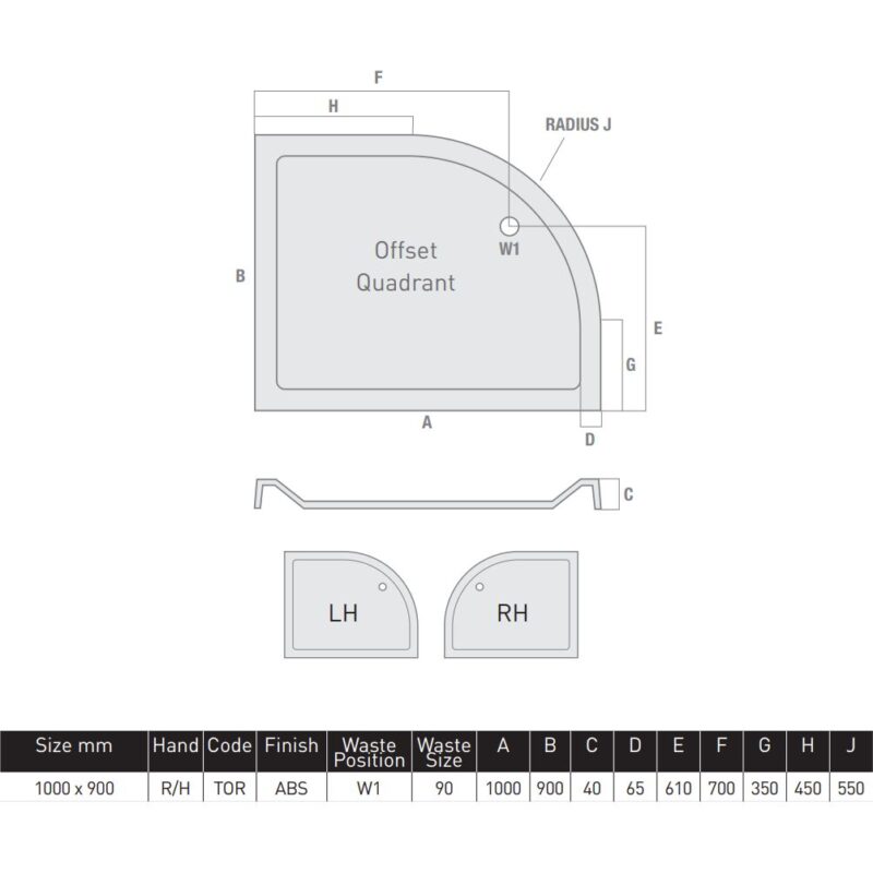 MX Elements 1000 x 900mm Offset Quad Right Shower Tray & Waste