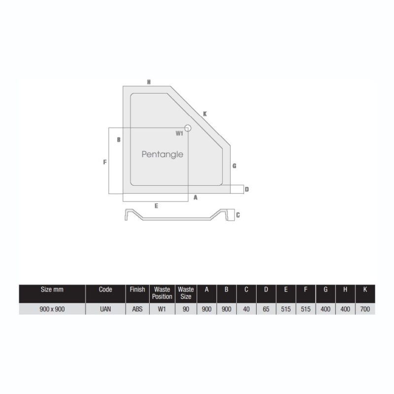 MX Elements 900 x 900mm Pentagon Shower Tray & 90mm Waste