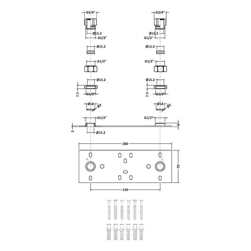 Nuie 200mm Chrome Fast-Fit Bracket for Bar Thermostats