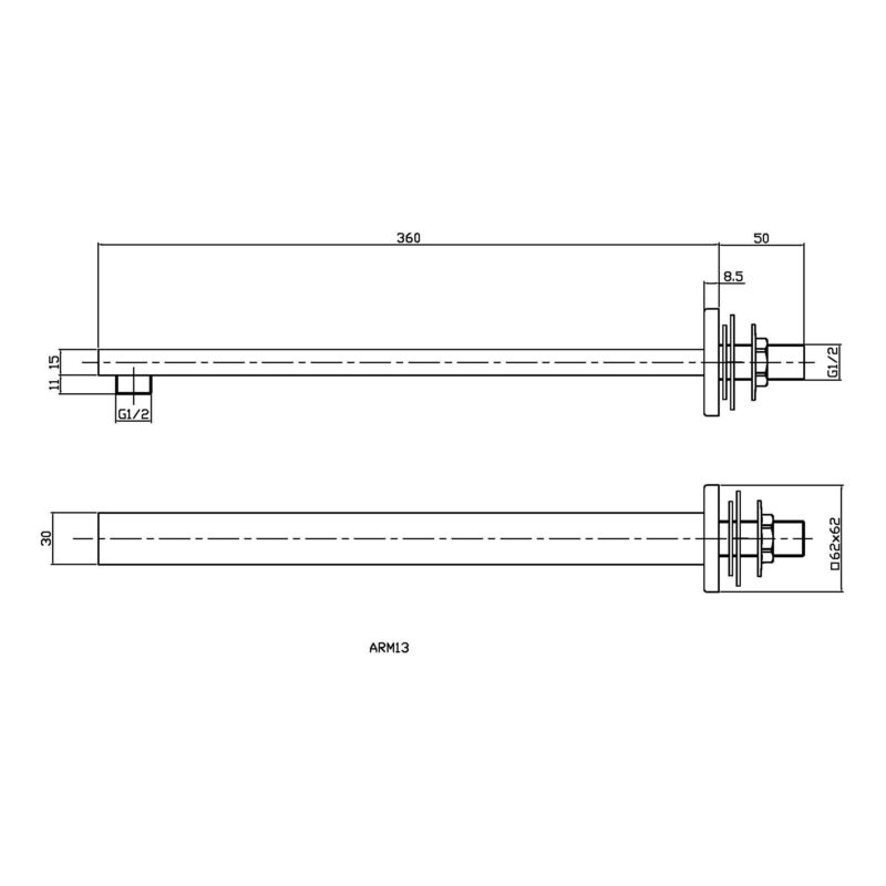 Nuie Square Brushed Brass Wall Shower Arm