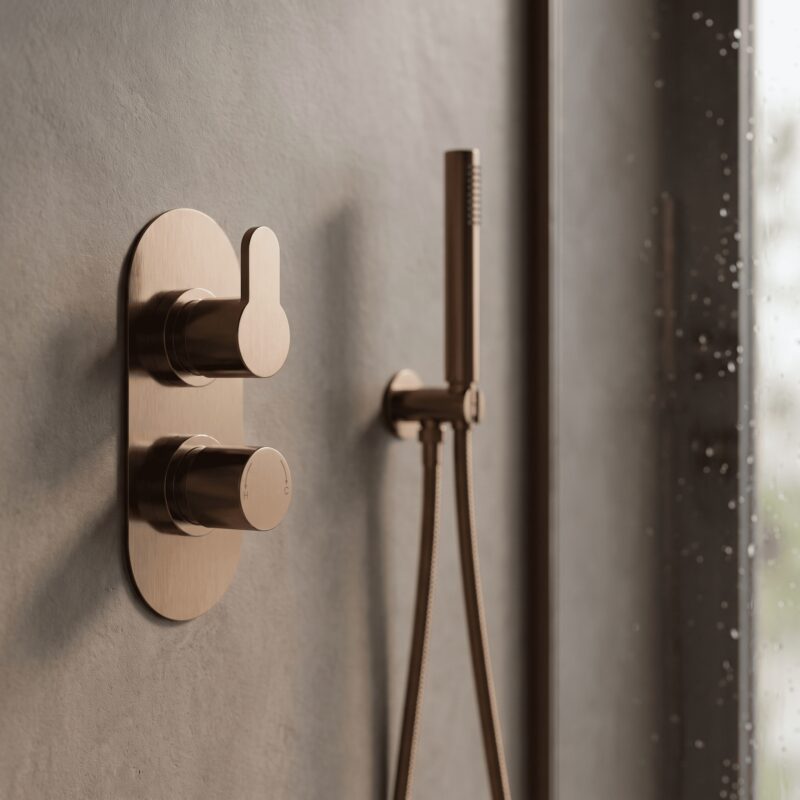Nuie Arvan Brushed Bronze Twin Thermostatic Shower Valve with Diverter