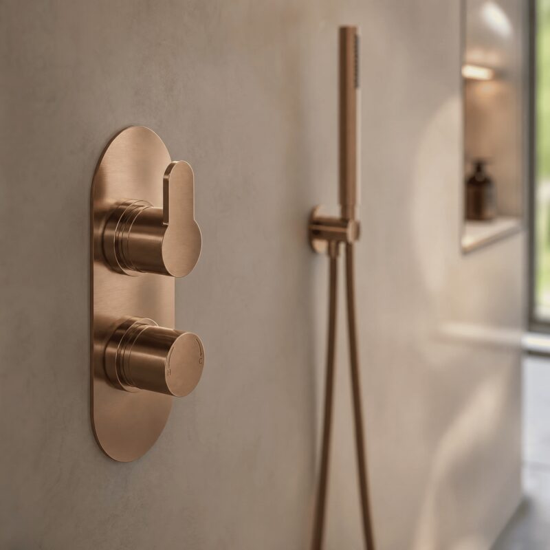 Nuie Arvan Brushed Bronze Twin Thermostatic Shower Valve with Diverter