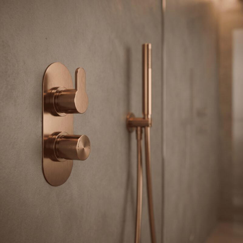 Nuie Arvan Brushed Bronze Twin Thermostatic Shower Valve with Diverter