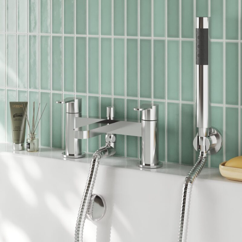 Nuie Arvan Chrome Deck Mounted Bath Shower Mixer with Kit
