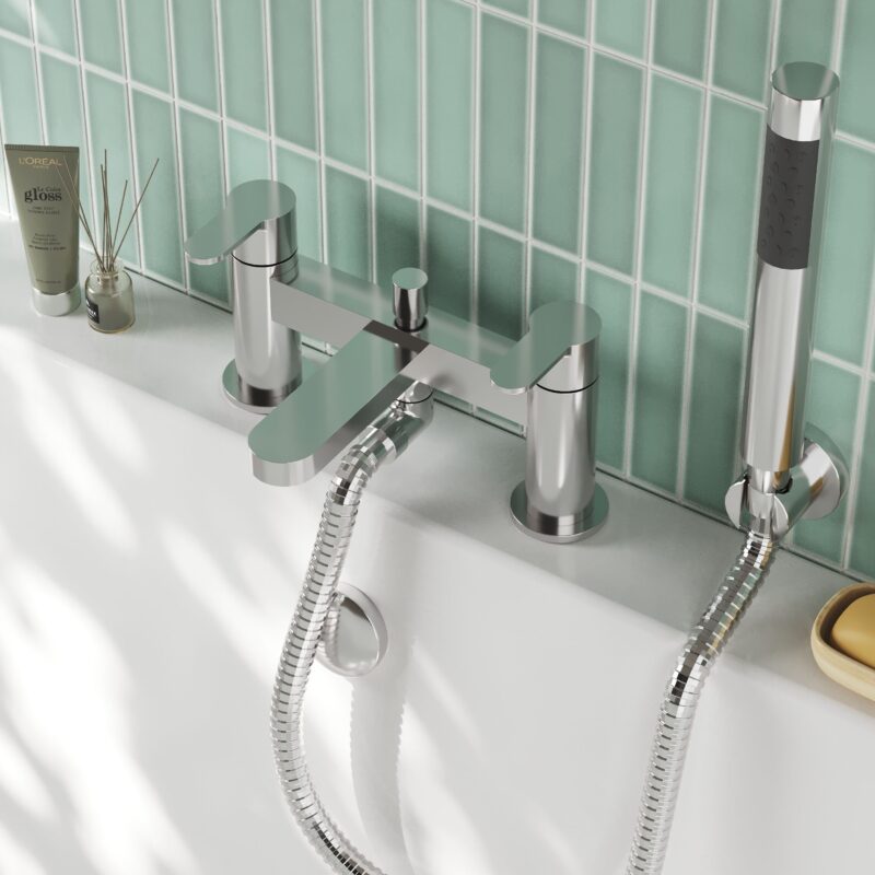 Nuie Arvan Chrome Deck Mounted Bath Shower Mixer with Kit