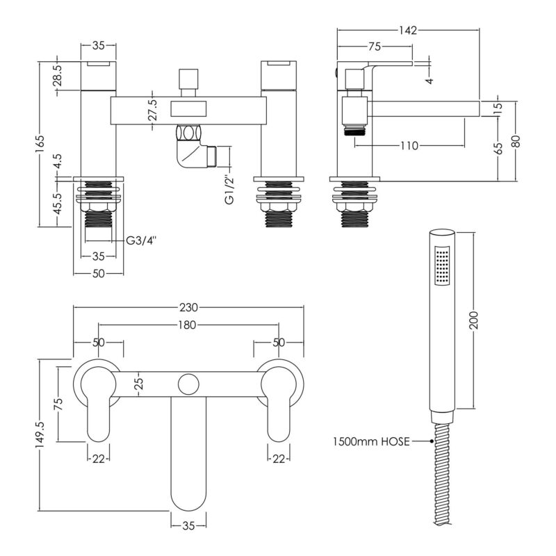Nuie Arvan Chrome Deck Mounted Bath Shower Mixer with Kit