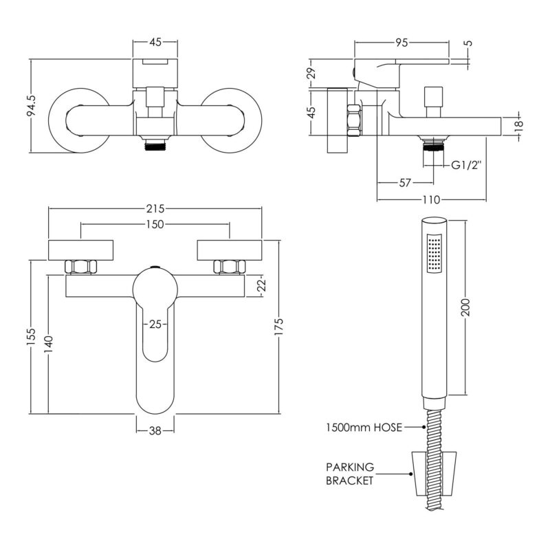 Nuie Arvan Chrome Wall Mounted Bath Shower Mixer with Kit