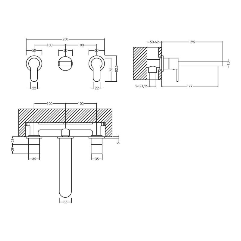 Nuie Arvan Chrome 3 Hole Wall Basin Mixer