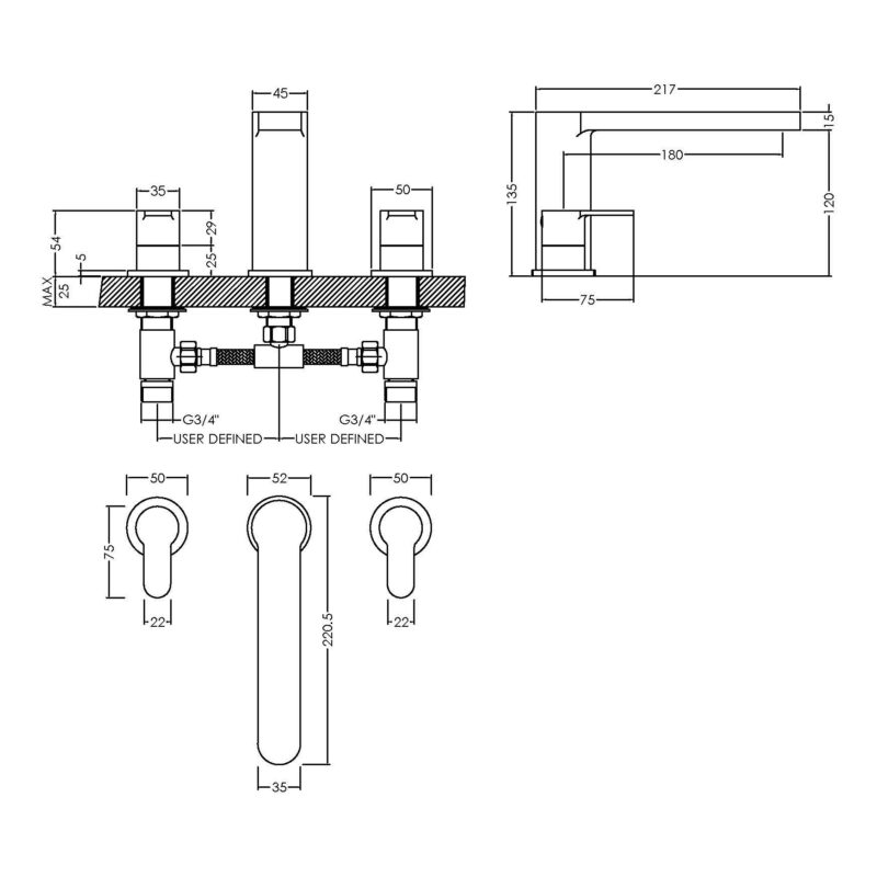Nuie Arvan Chrome 3 Hole Bath Filler